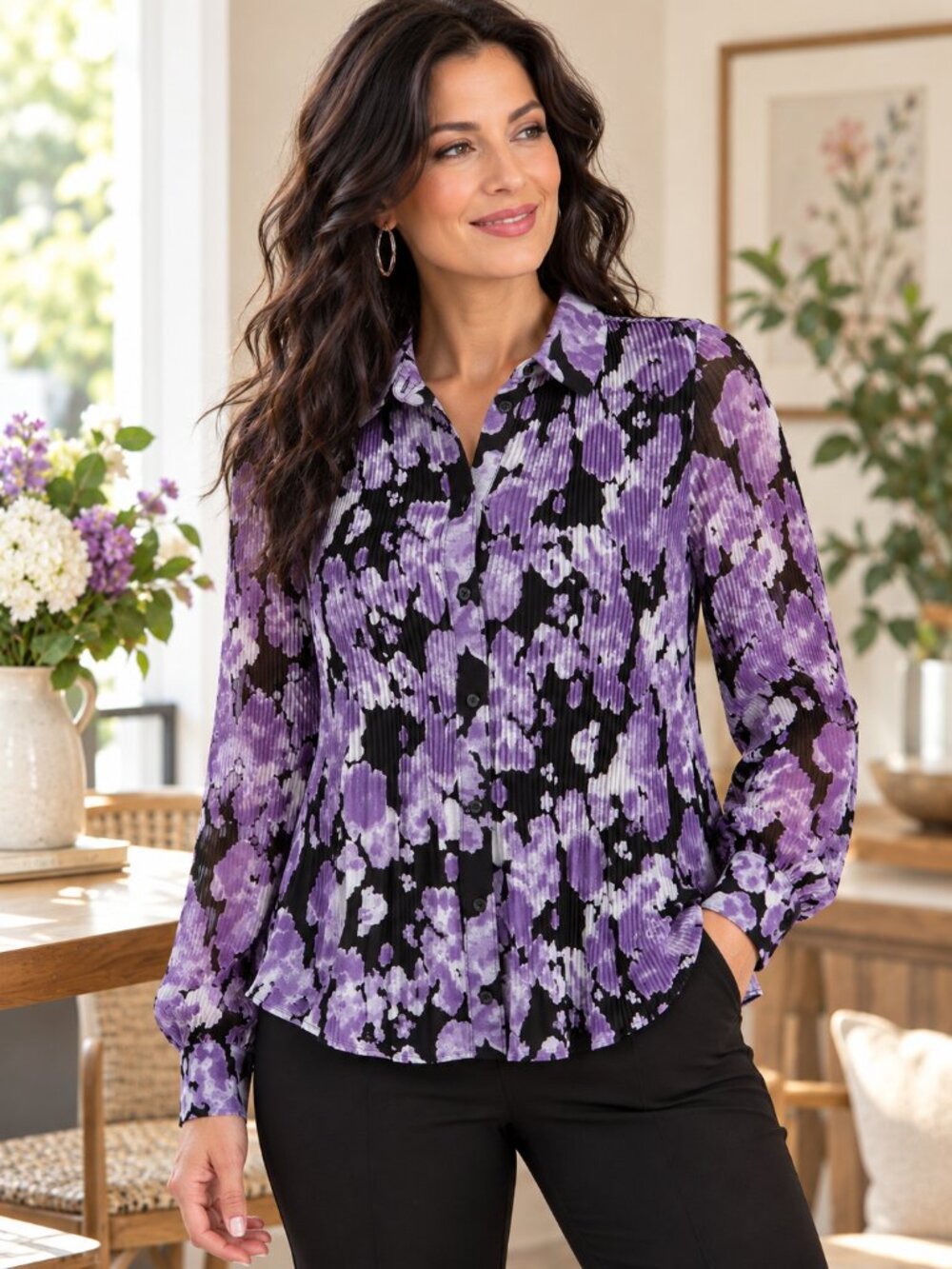 **Purple Floral Pleated Button-Front Blouse – XL – Brand New**